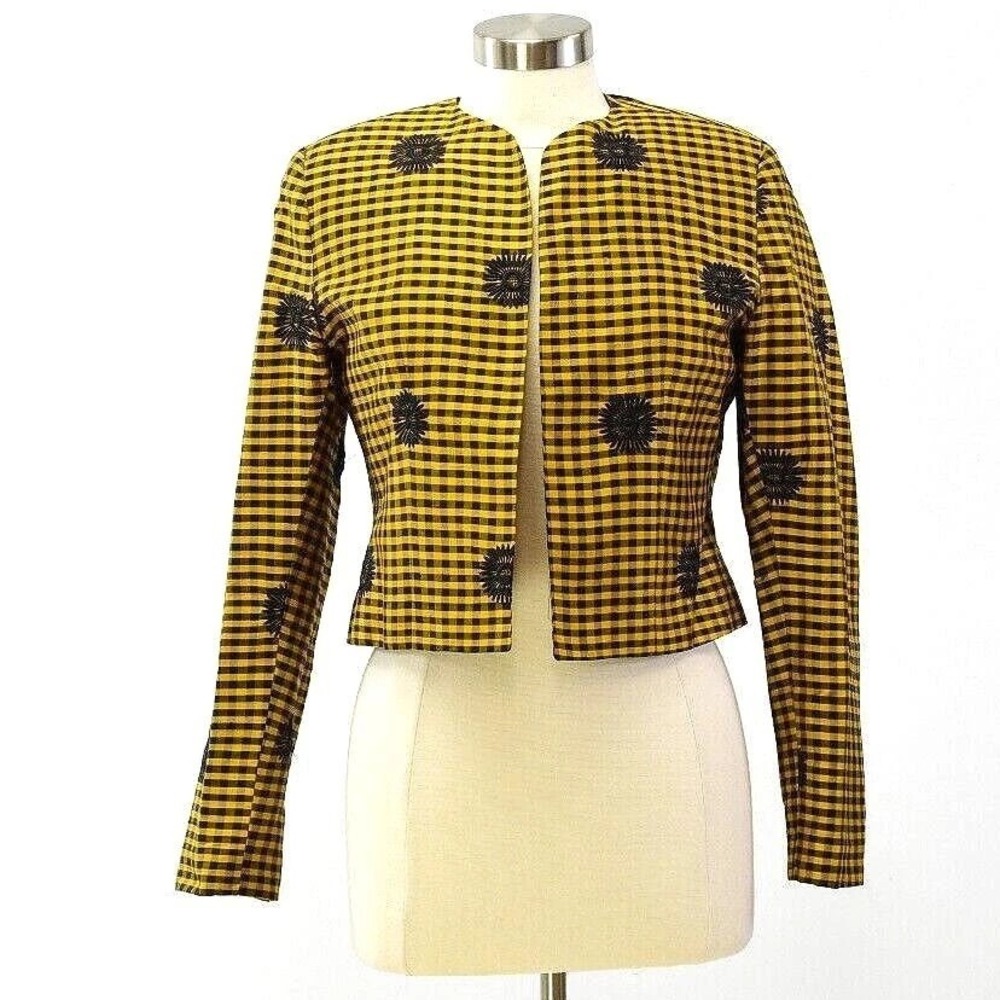 90s Vintage Silk Cropped Jacket Yellow & Black Gingham Plaid Womens M Clueless